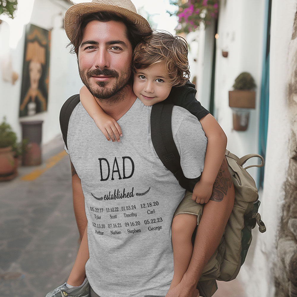 Personalized Daddy Established 100% Cotton T-Shirt with 1-8 Kid Names and Dates Father's Day Birthday Gift for Dad Grandpa
