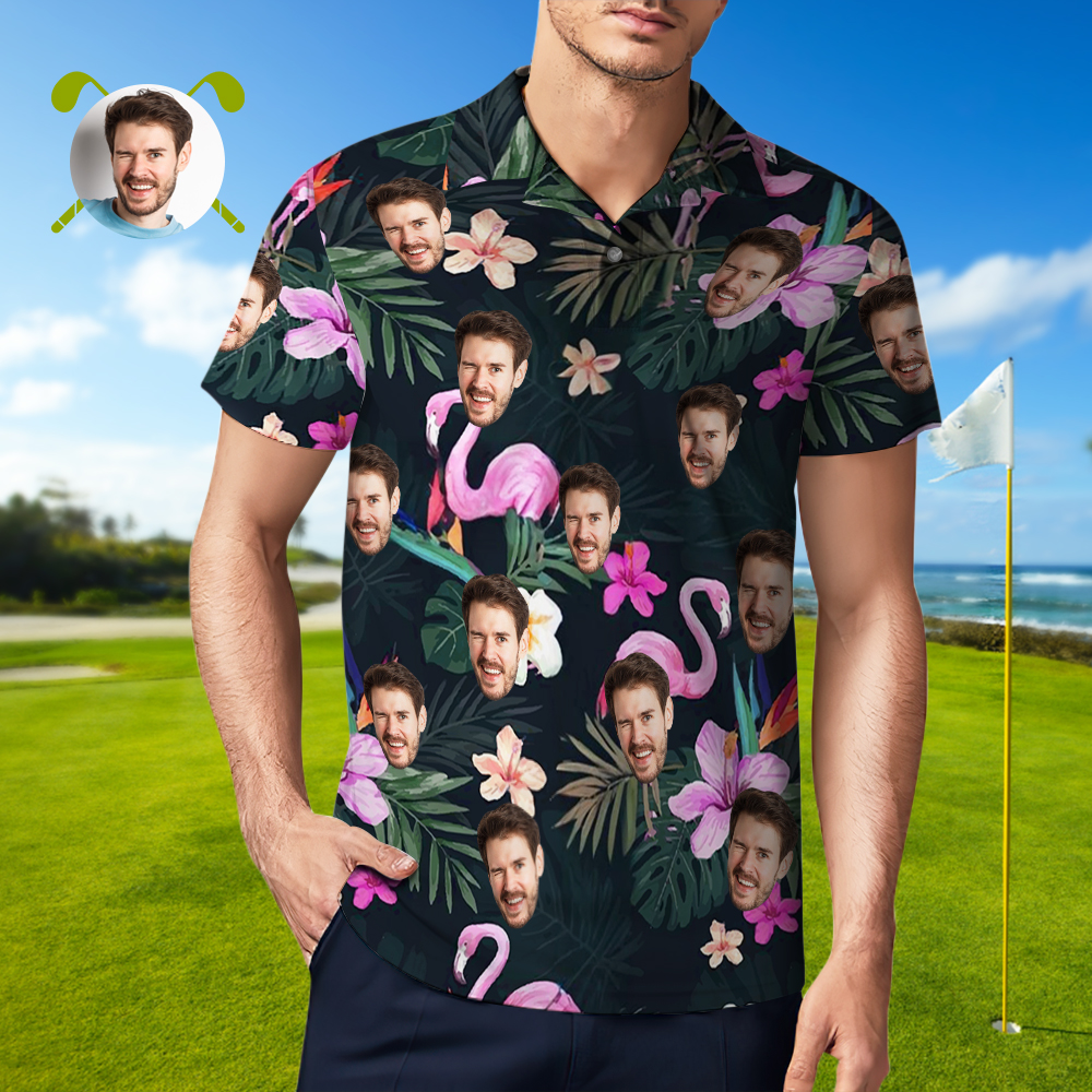 Custom Polo Shirt with Face Personalized Logo Flamingo Pink Flower Polo Shirt for Men Gift for Him