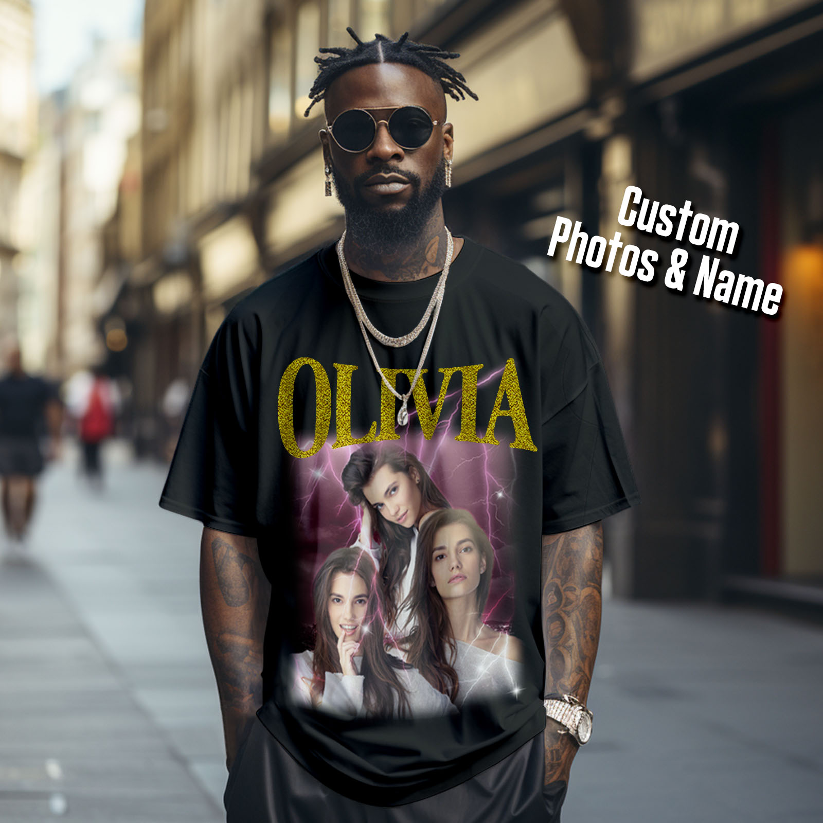 Custom Photo Vintage Tee Personalized Applique Glitter Name T-shirt Couple Gifts