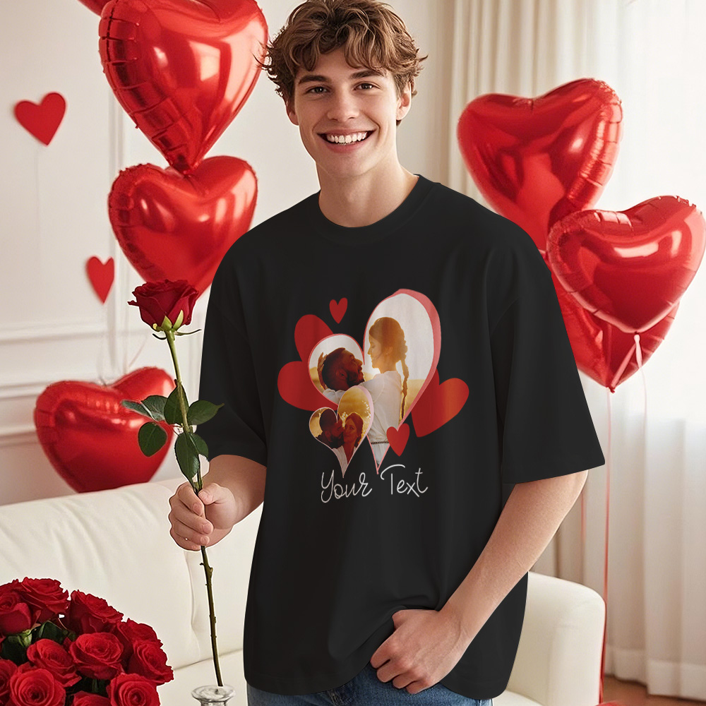 Custom Photos T-Shirt Personalized With T-Shirts Text Red Heart Valentine's Day Gift