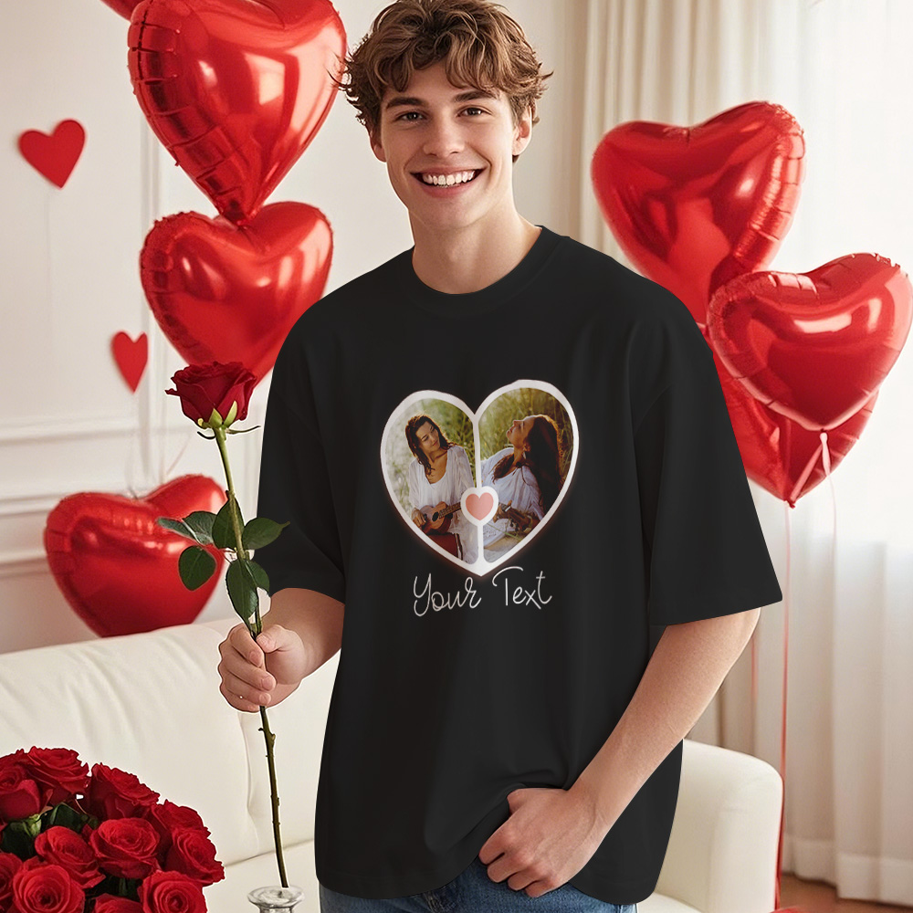 Custom Photos T-Shirt Personalized Text Heart Valentine's Day Gift