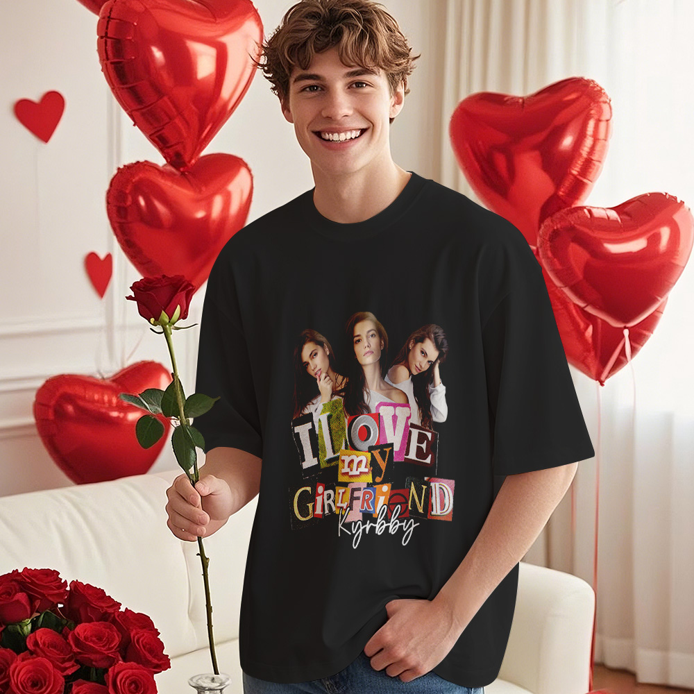 Custom Vintage Photo Printing T-shirt Personalized Name I Love My Girlfriend Photo Vintage T-shirt
