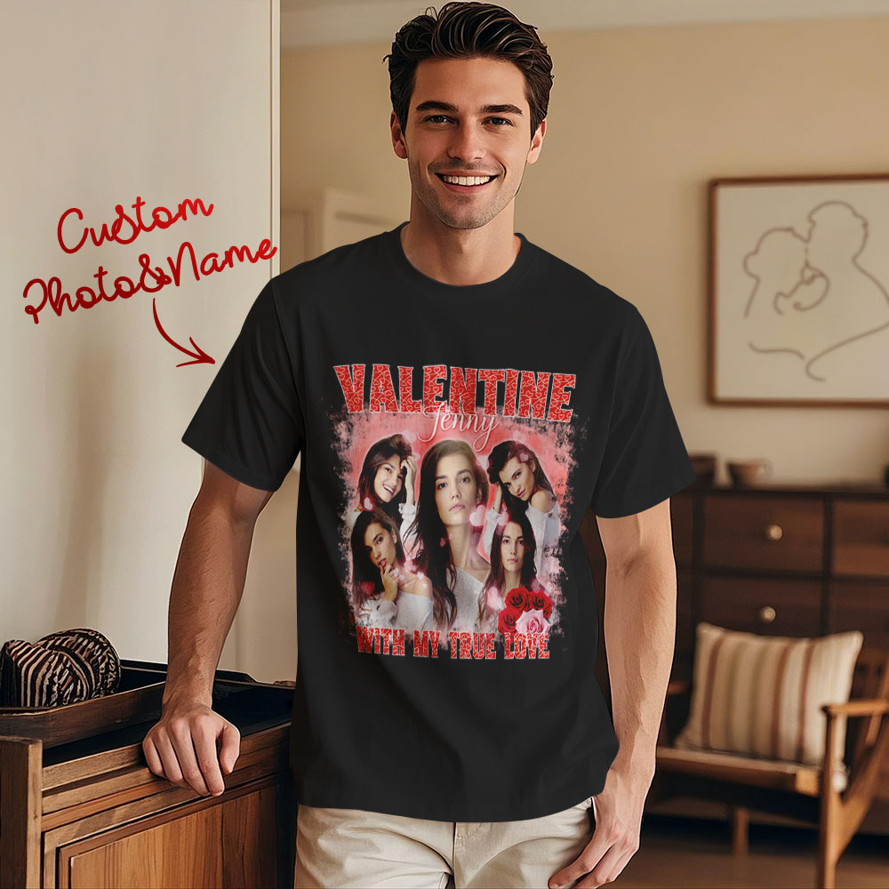 Custom Vintage Photo Printing T-shirt Personalized Valentine With My True Love Photo Vintage T-shirt