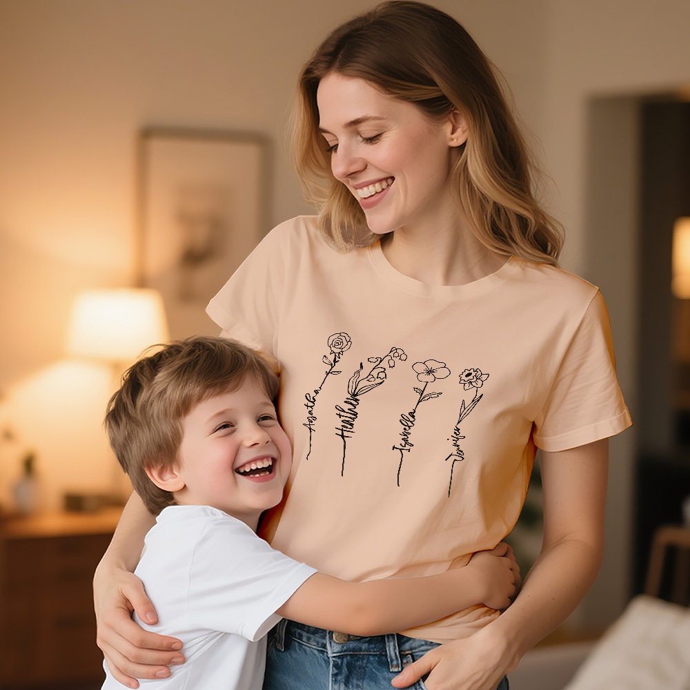 Personalized T-shirt with Custom Name and Flower Design for Sweet Mom