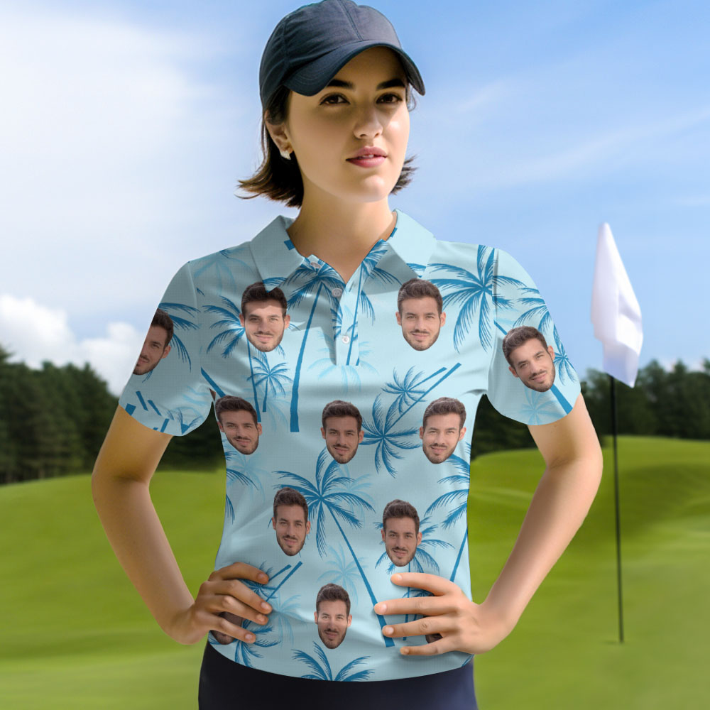 Custom Face Women's Polo Shirt Personalized Light Blue Hawaiian Golf Shirts Gift For Her