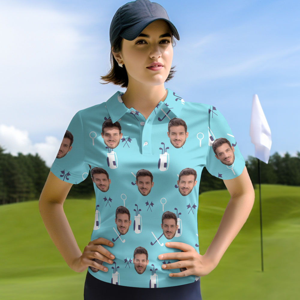 Custom Blue Golf Shirt Personalized Face Women's Polo Shirt Gift for Her