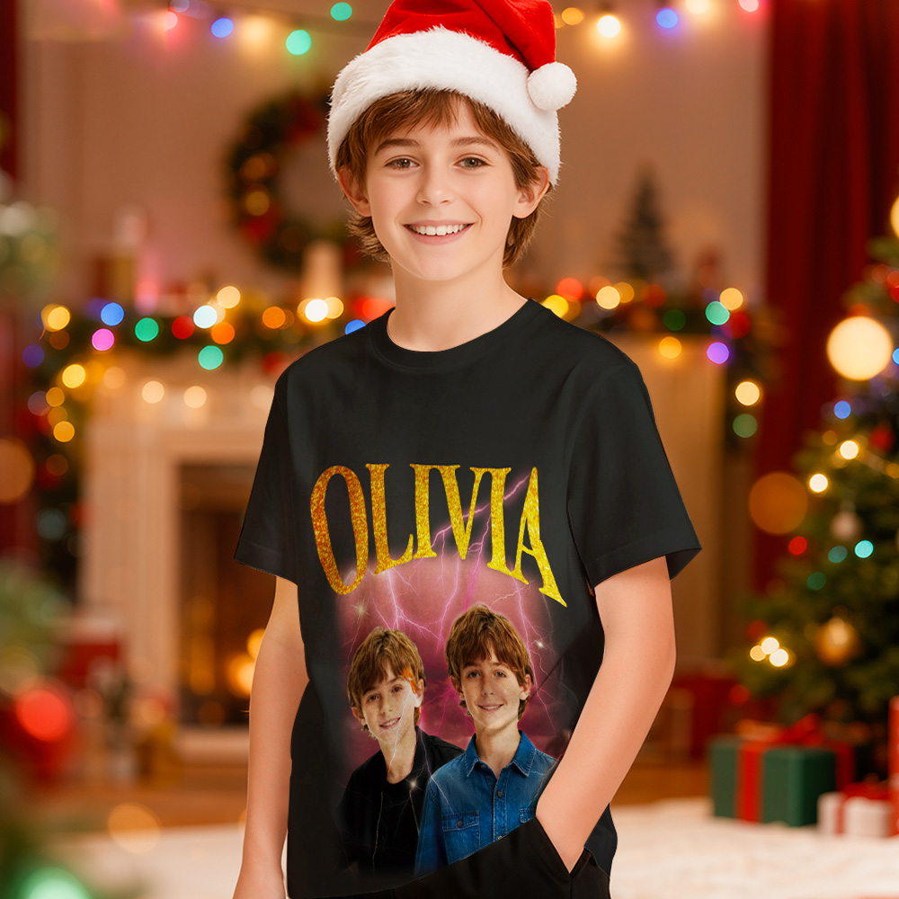 Custom Photo Vintage Tee Personalized Applique Glitter Name T-shirt Kids Shirt