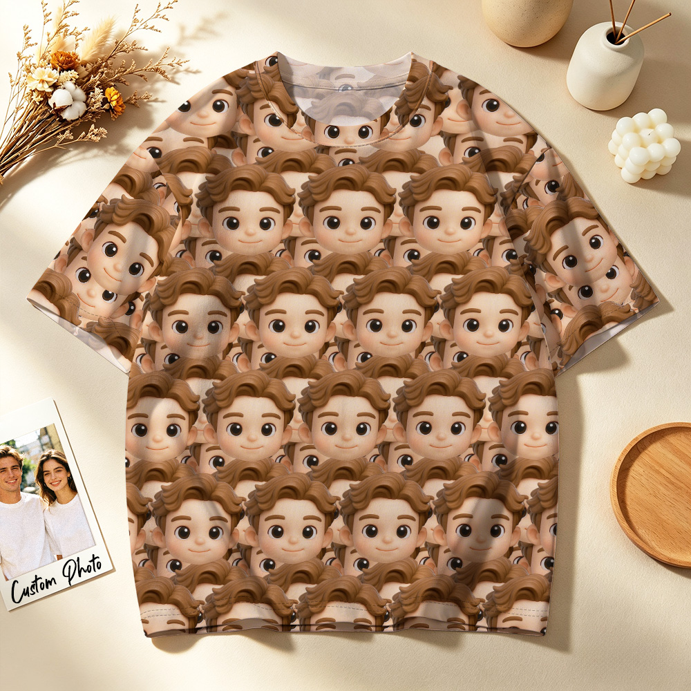 Custom My Face All Over Print Tee Personalized Unisex T-Shirt with Mash Face AI Cartoon Effect