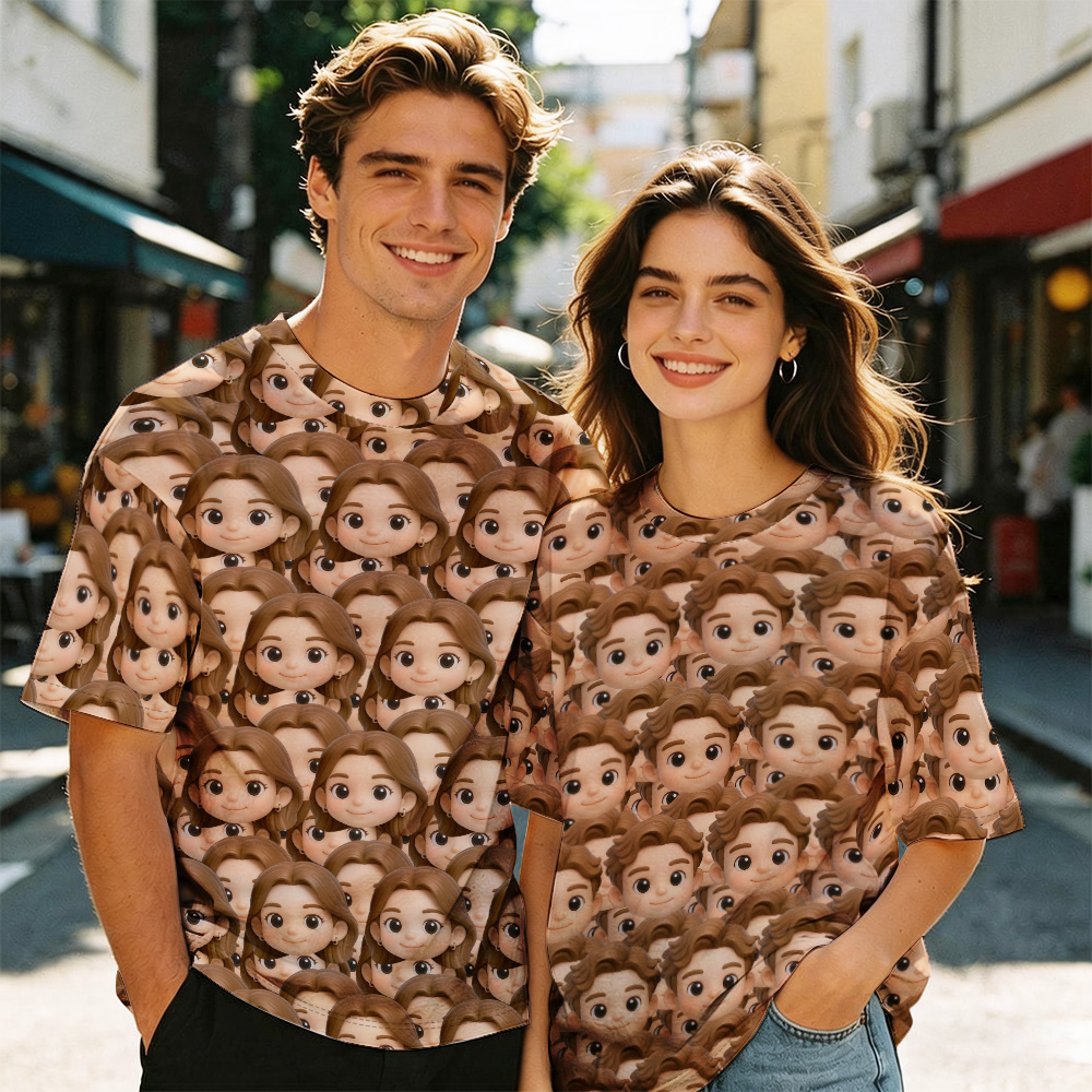Custom My Face All Over Print Tee Personalized Unisex T-Shirt with Mash Face AI Cartoon Effect