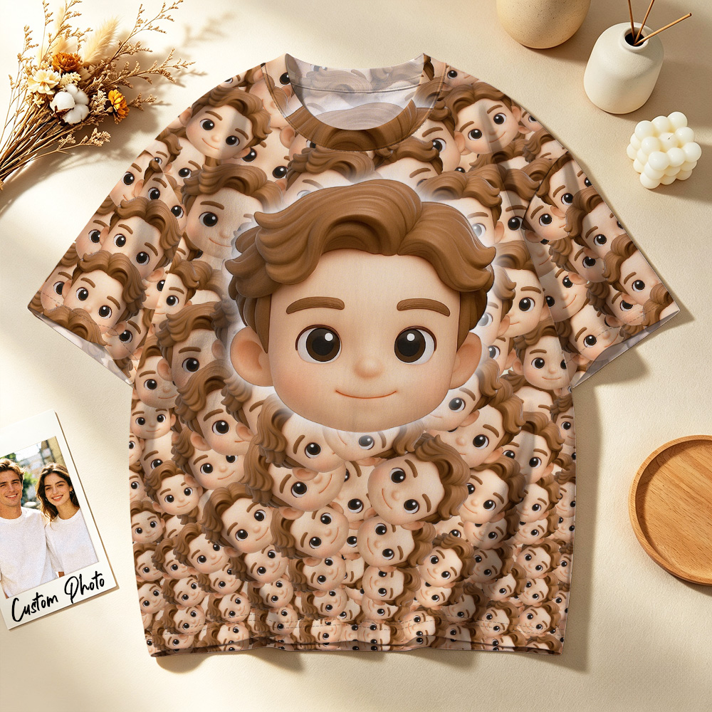 Custom My Face All Over Print Tee AI Cartoon Effect Personalized Unisex T-Shirt with Mash Face 