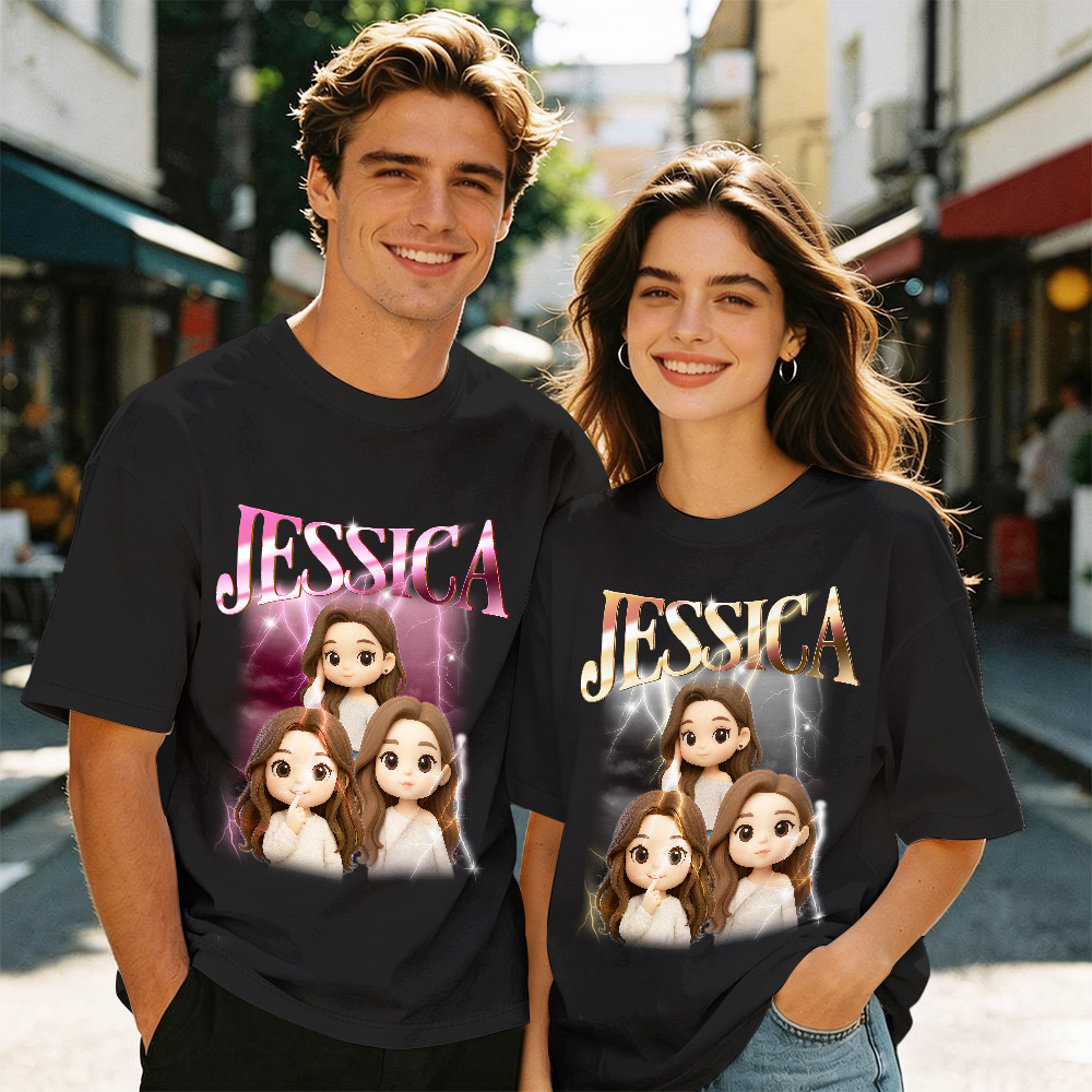 Custom Photo Vintage Tee Al Cartoon Effect Personalized Name T-shirt Black