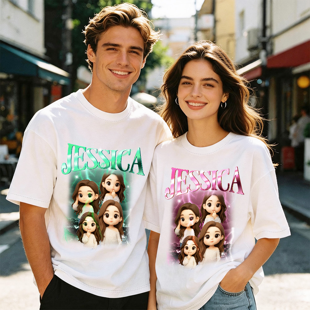 Custom Photo Vintage Tee Al Cartoon Effect Personalized Name T-shirt Black