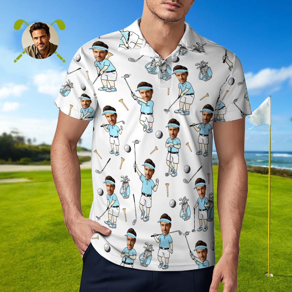 Custom Face Golf Polo Shirt for Men, Funny Cartoon Golfer Shirt, Matching Golf Team Polo, Summer Golf Shirt, Personalized Golf Lover Gift
