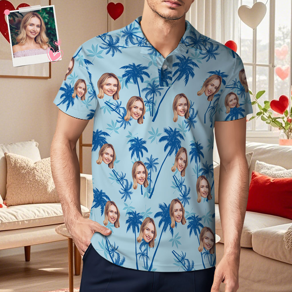 Custom Face Men's  Polo Shirt Personalized Light Blue Hawaiian Golf Shirts Gift For Him