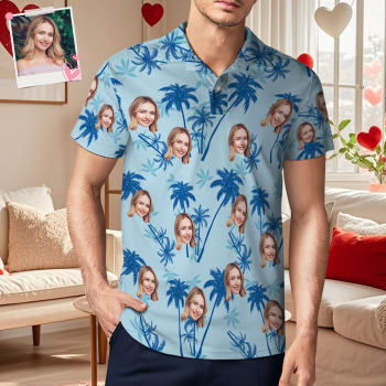 Men's Custom Face Polo Shirt Personalized Light Blue Hawaiian Golf Shirts