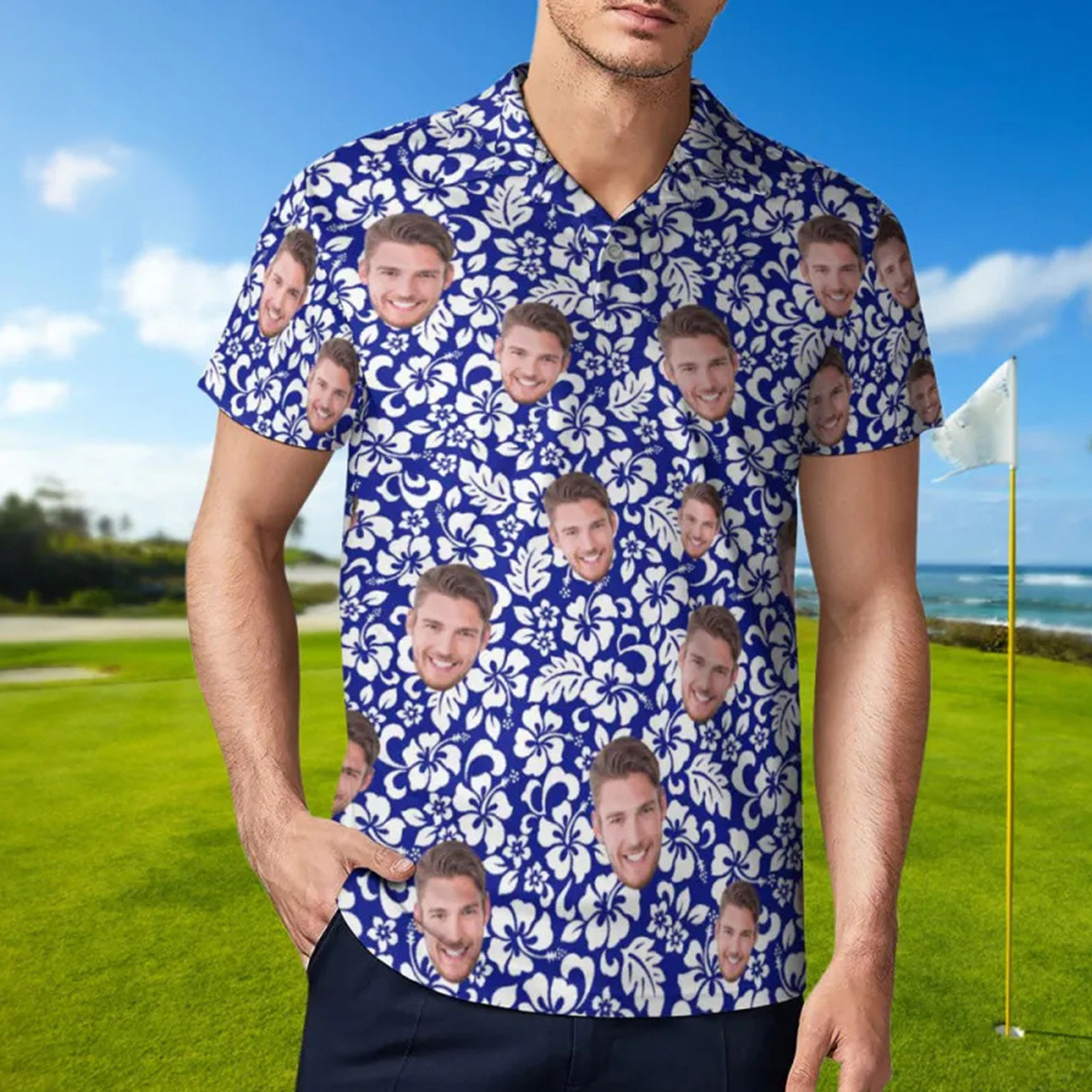 Custom Face Polo Shirt For Men Personalized Blue Hawaiian Golf Shirts
