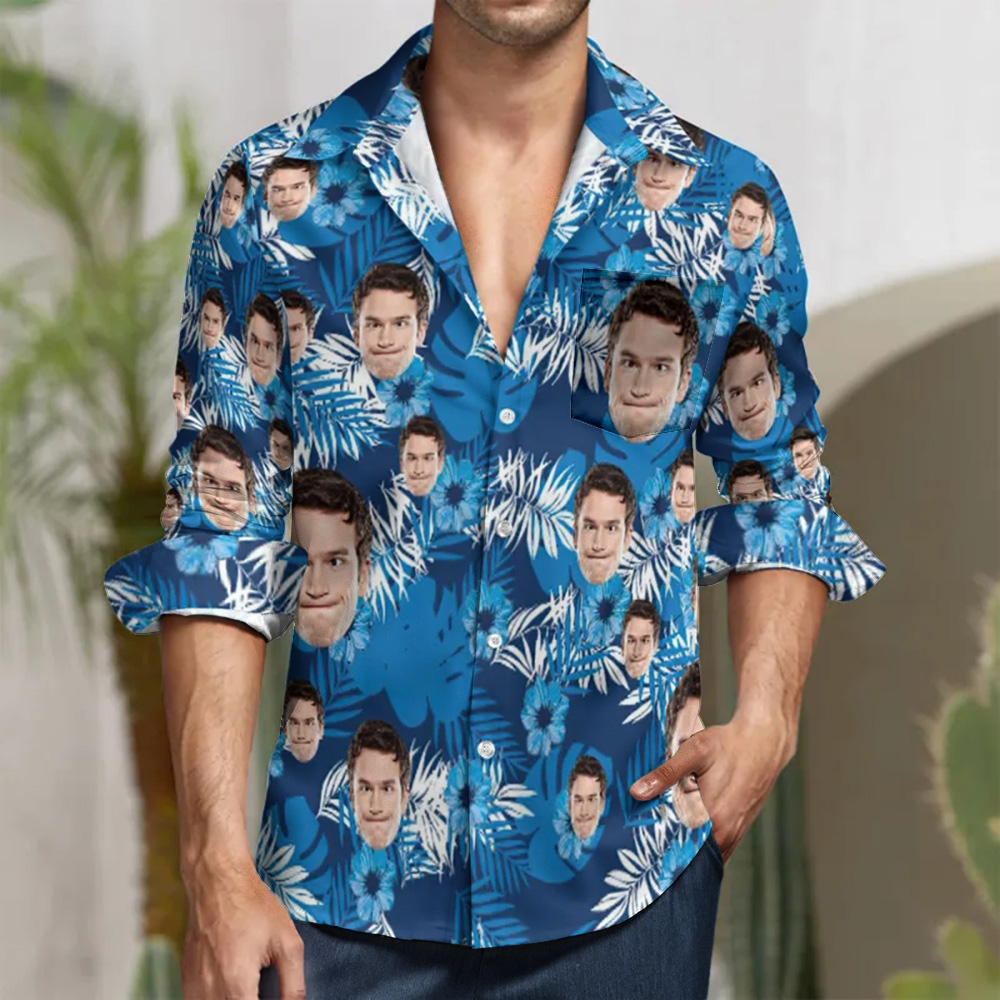 Custom Face Blue Flowers and Leaves All Over Print Long Sleeve Shirt