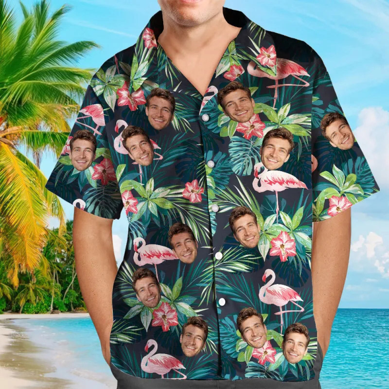 Custom Face All Over Print Hawaiian Shirt Flamingo Flowers And Leaves Hawaiian Shirt