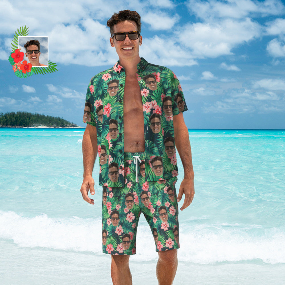 Custom Face Leaves & Flowers Hawaiian Shirt And Beach Shorts  Personalized Men's Photo All Over Print  Vacation Party Gift - MyFaceTshirt