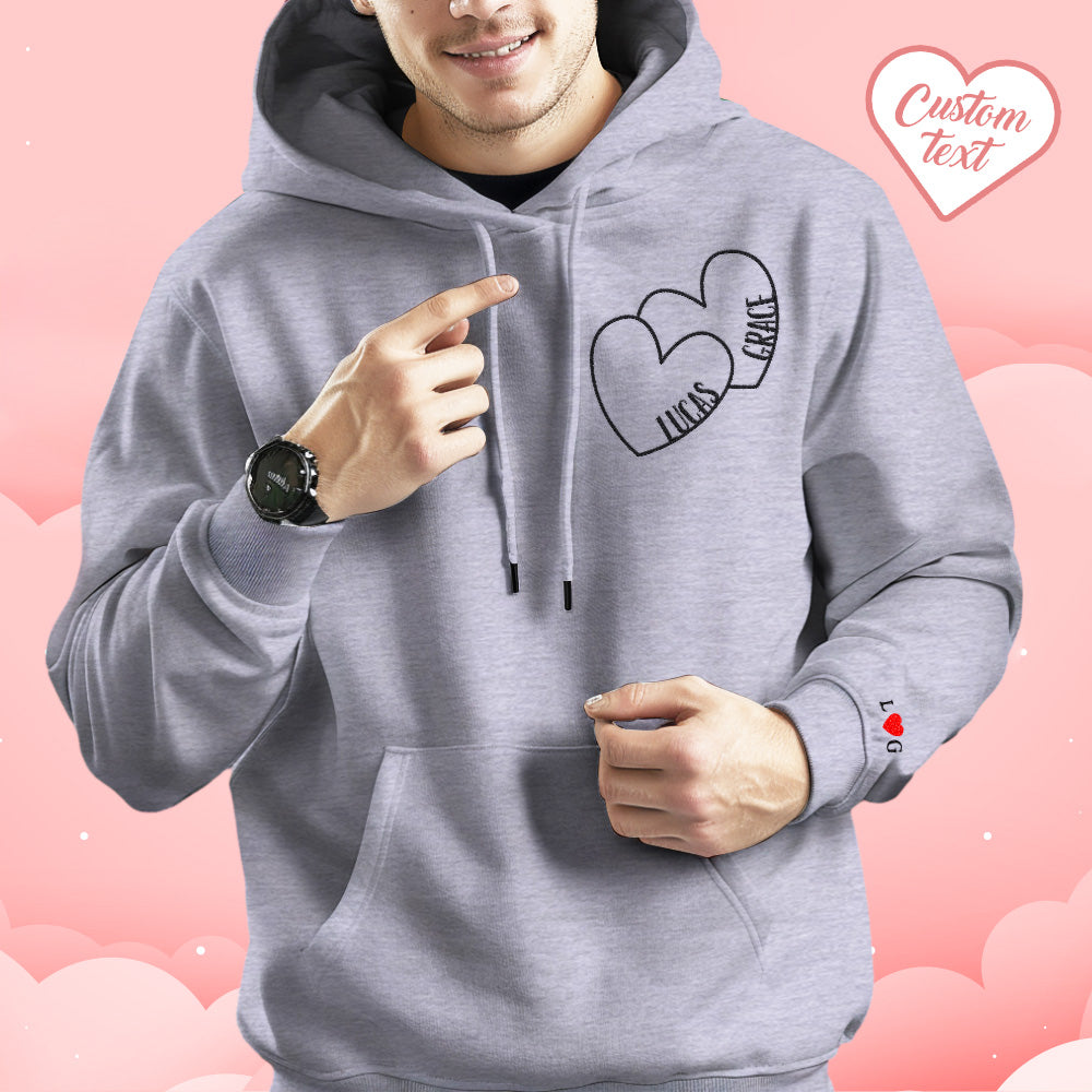 Custom Text Embroidered Hoodie Romantic Double Hearts Sweatshirt Valentine Gift