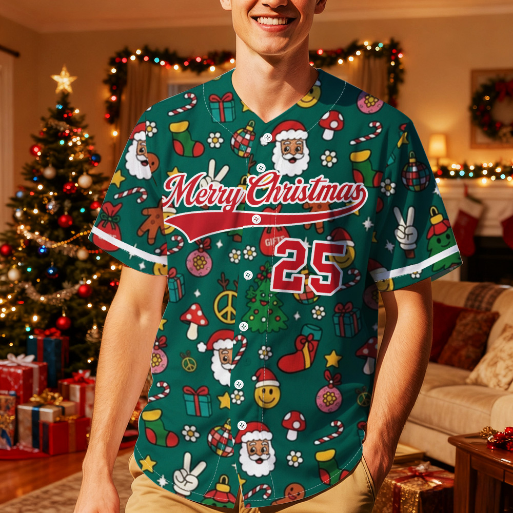 Personalized Elf Baseball Jersey with Your Name & Number Christmas Theme Shirt Santa Cartoon Baseball Shirt
