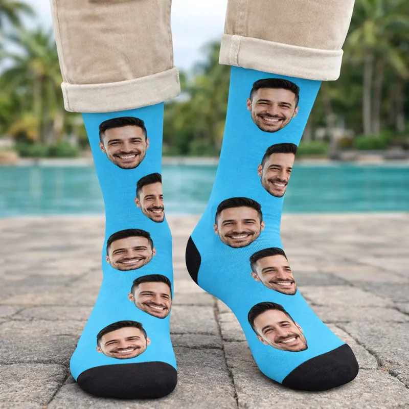 Custom Men Blue Photo Socks With Face