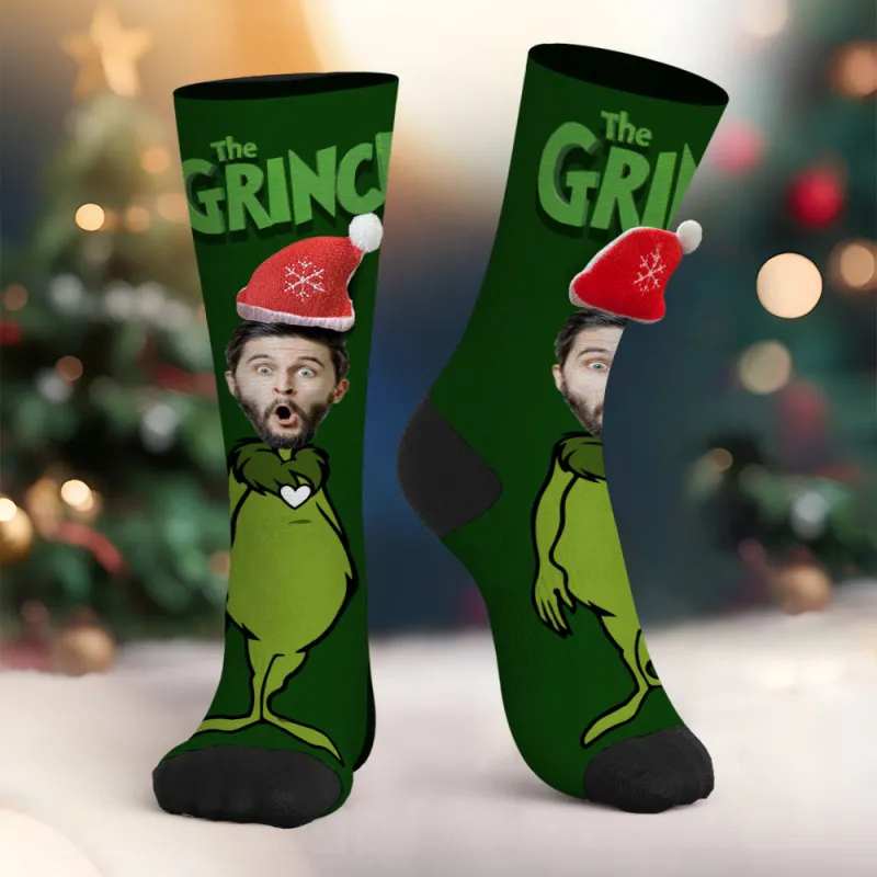 Custom Face Socks Personalized 3D Santa Hat Socks The Grinch
