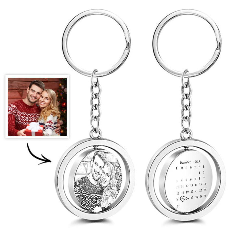 Custom Photo Calendar Keychain Rotate Special Date Couple Christmas Gift - MyFaceTshirt