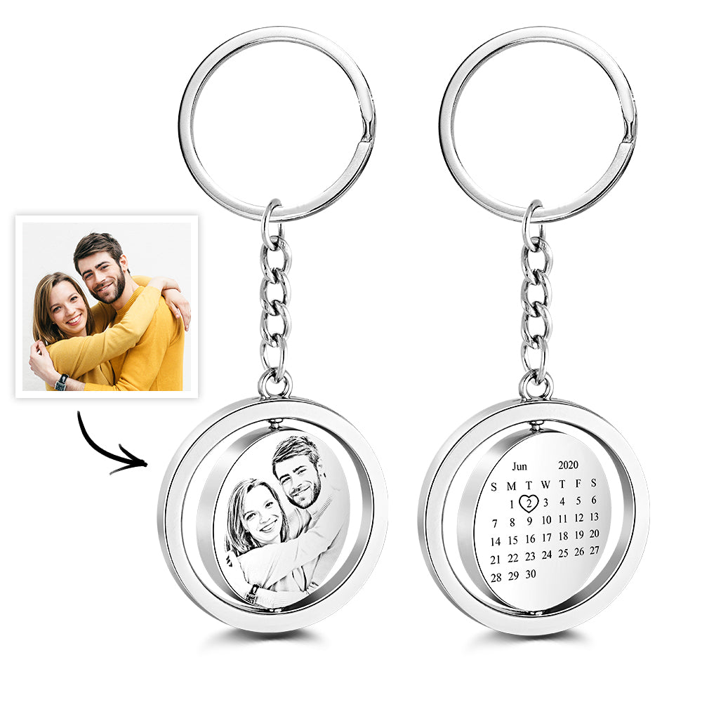 Custom Photo Calendar Keychain Rotate Special Date Couple Anniversary Gifts - MyFaceTshirt