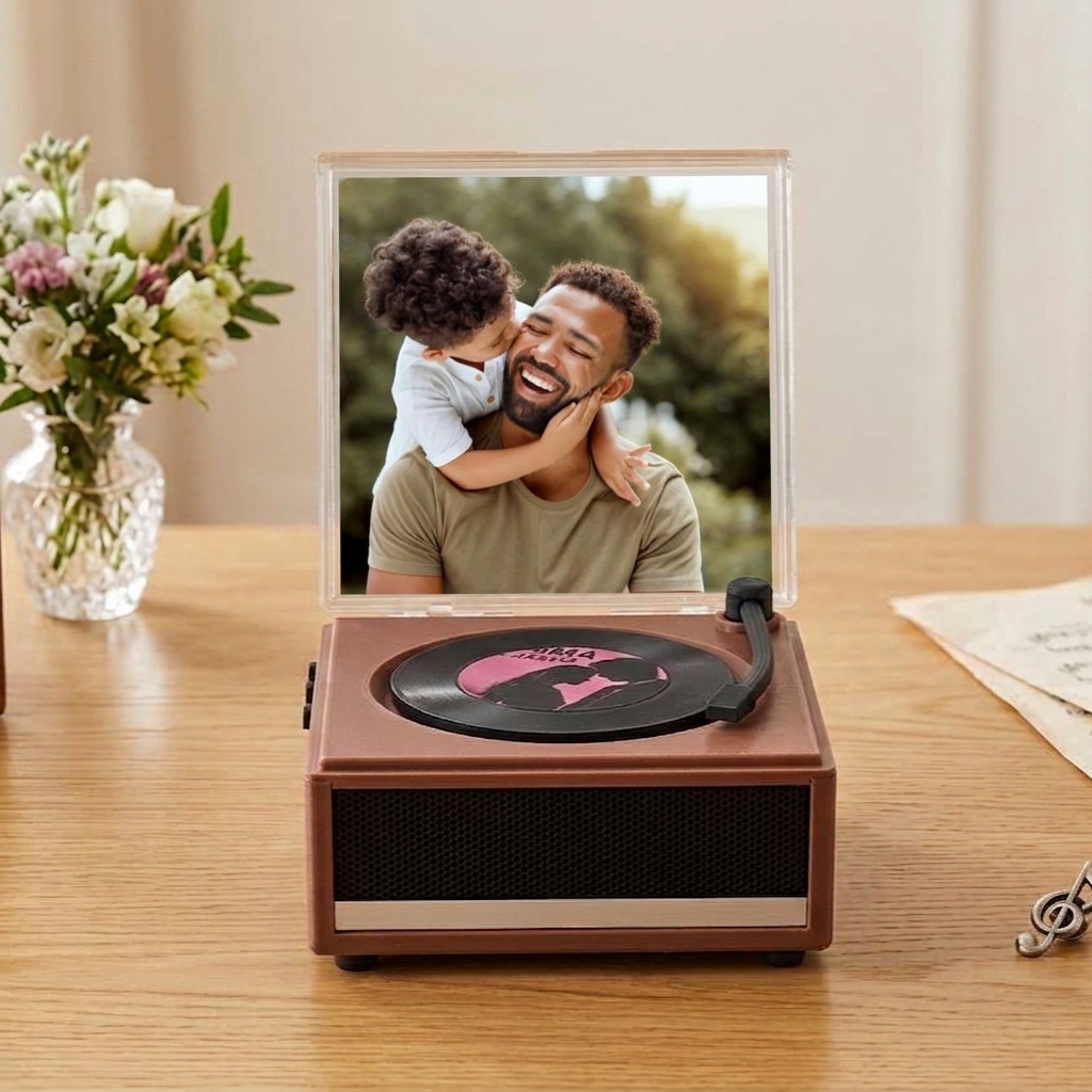 Personalized Mini Vinyl Music Player That Really Plays Music | Each Vinyl Can Play a Different Full Song, Custom Photo Album Cover & Music Box Cover, Father's Day Gift for Daddy