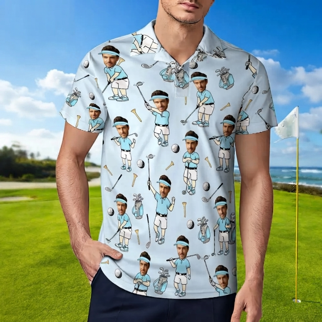 Custom Face Golf Polo Shirt for Men, Funny Cartoon Golfer Shirt, Matching Golf Team Polo, Summer Golf Shirt, Personalized Golf Lover Gift