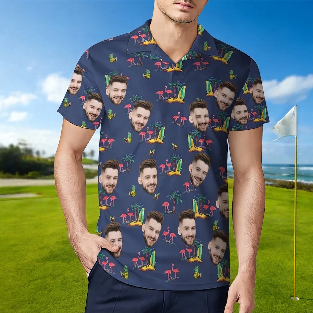 Men's Custom Face Shirt Personalized Golf Shirts For Him Coconut Flamingo