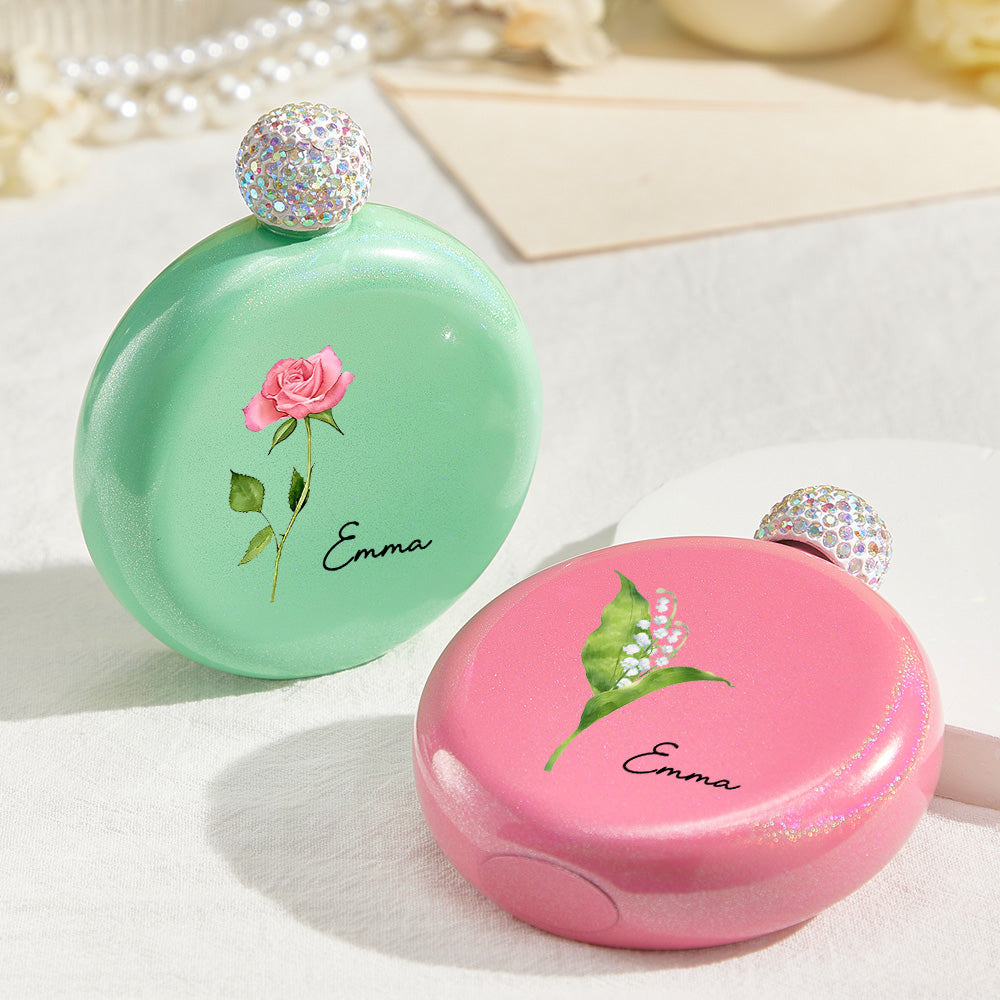 Personalized Birth Flower Round Flasks with Name 5oz Glitter Flask Birthday Bridesmaid Party Gift for Girls - MyFaceTshirt