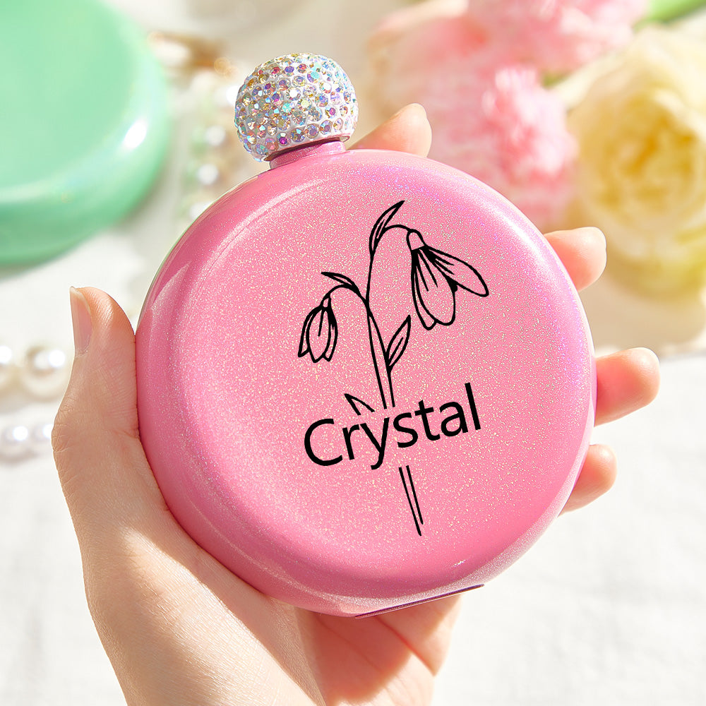 Personalized Birth Flower Round Flasks with Name 5oz Glitter Flask Wedding Birthday Gift for Her - MyFaceTshirt