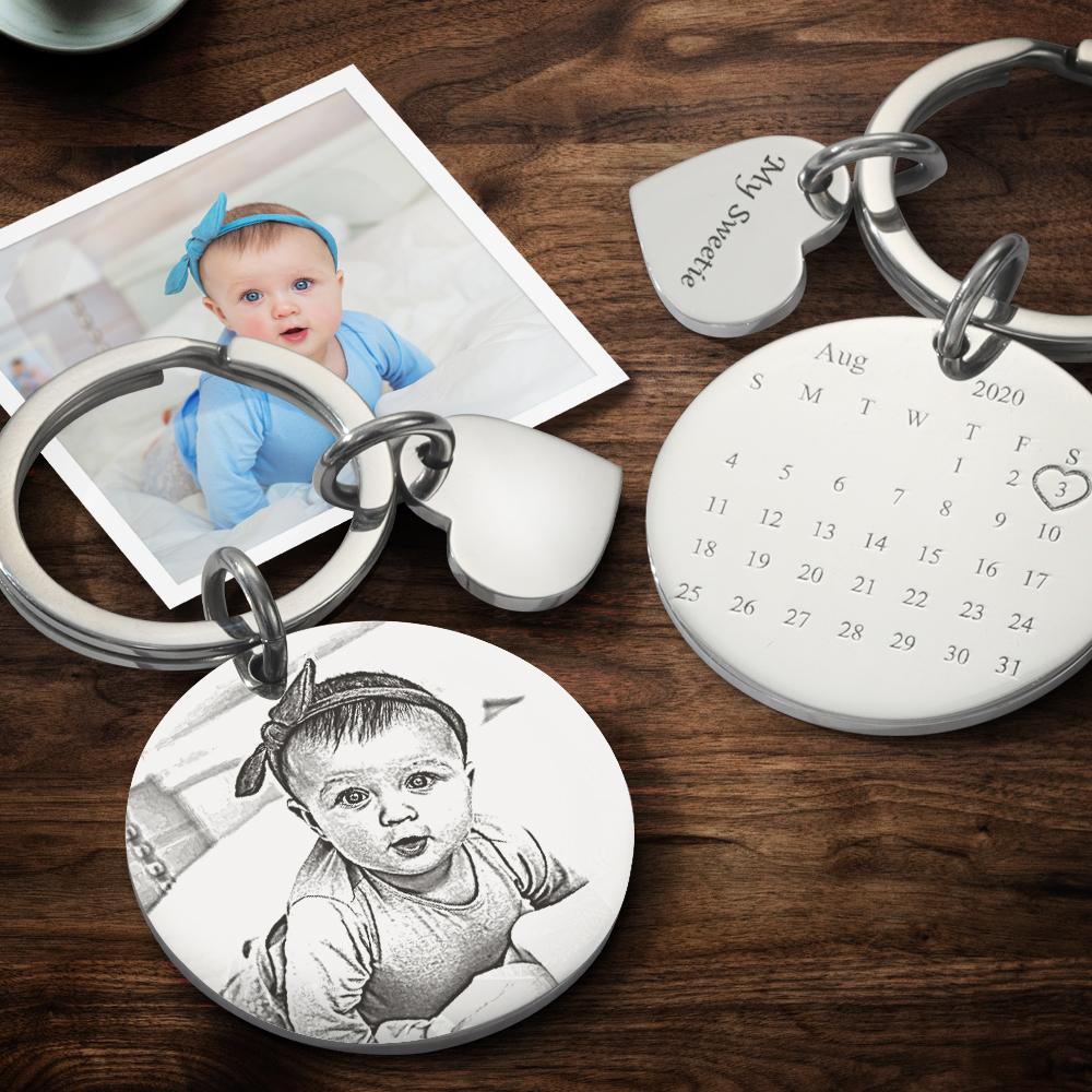 Custom Photo Engraved Calendar Silver Keyring Key Chain For Children Best Friends ANNIVERSARY GIFT - MyFaceTshirt