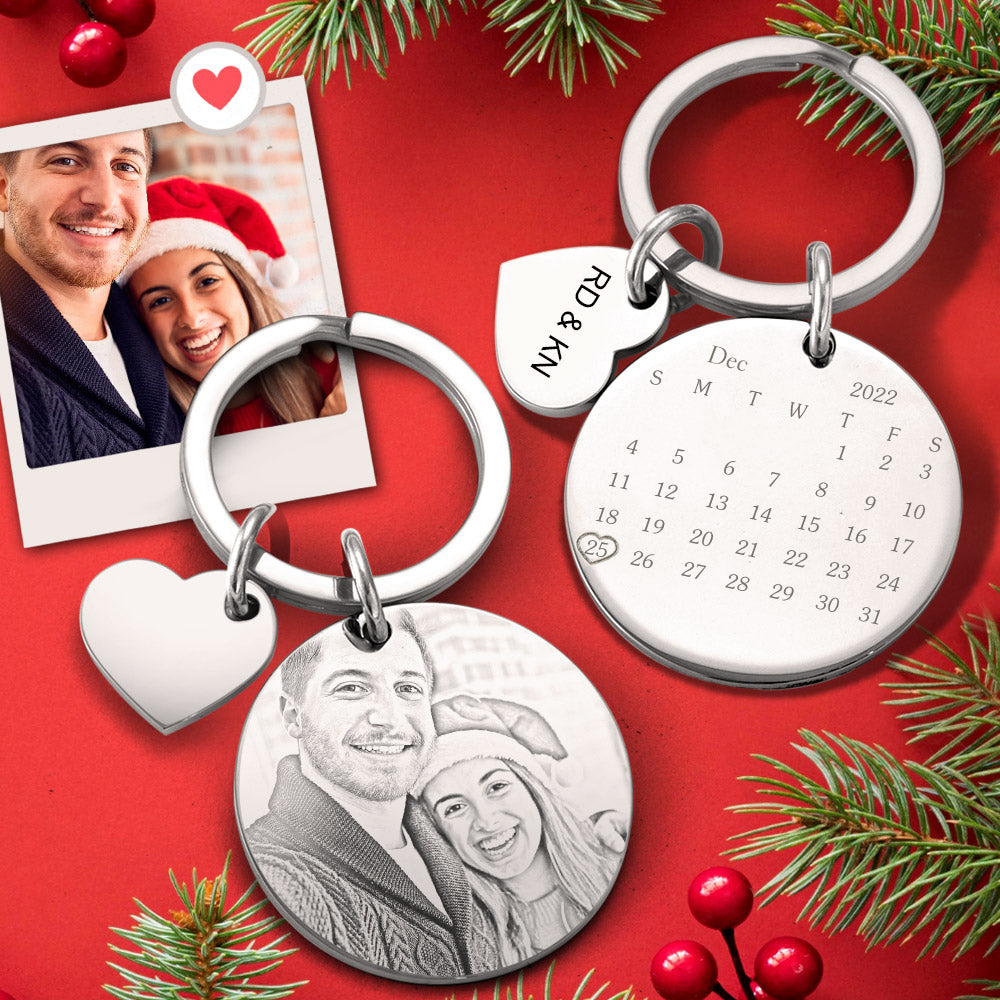 Christmas Gift Custom Photo Engraved Calendar Silver Keyring Key Chain - MyFaceTshirt