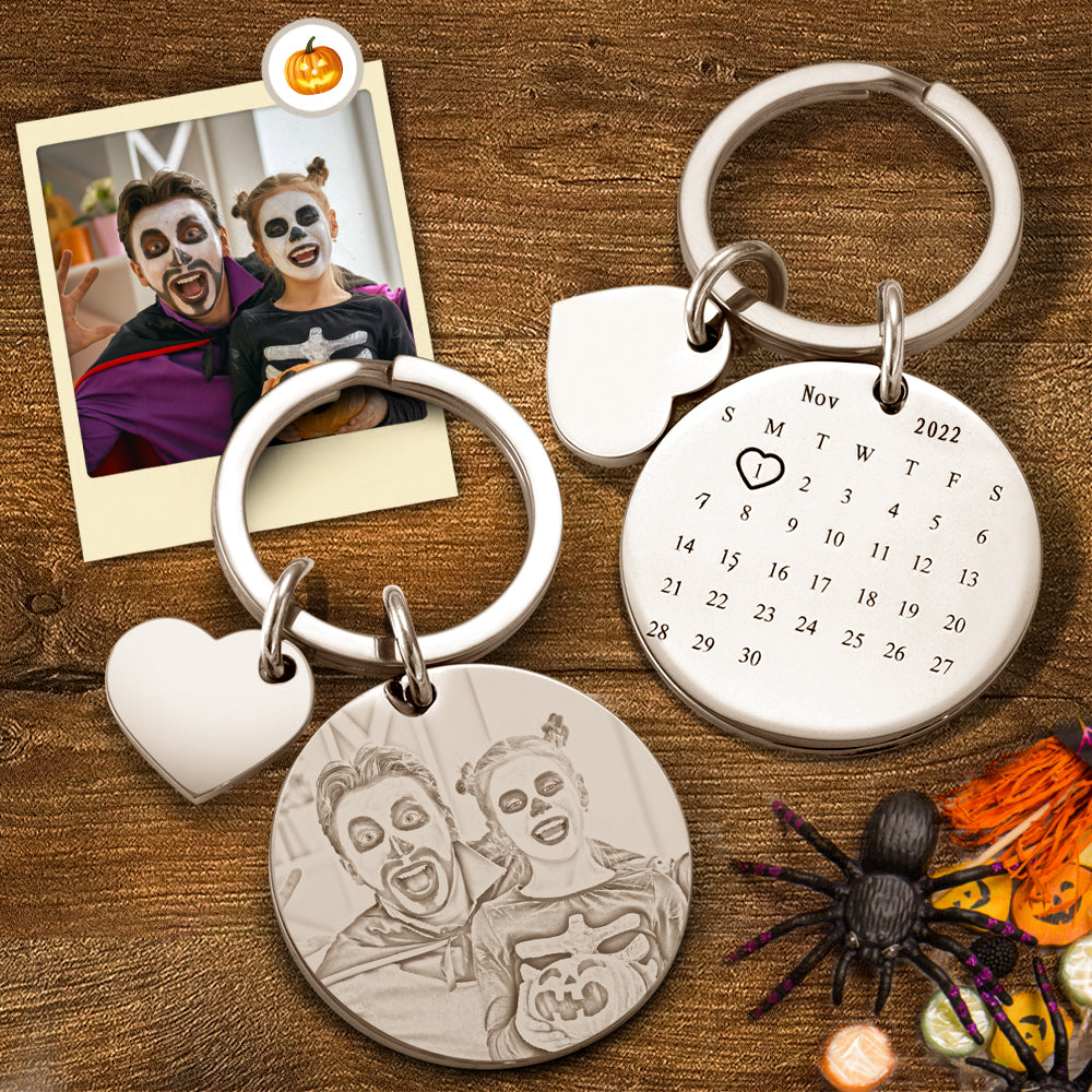 Custom Photo Engraved Calendar Silver Keyring Key Chain, ANNIVERSARY GIFT, Halloween Gift - MyFaceTshirt