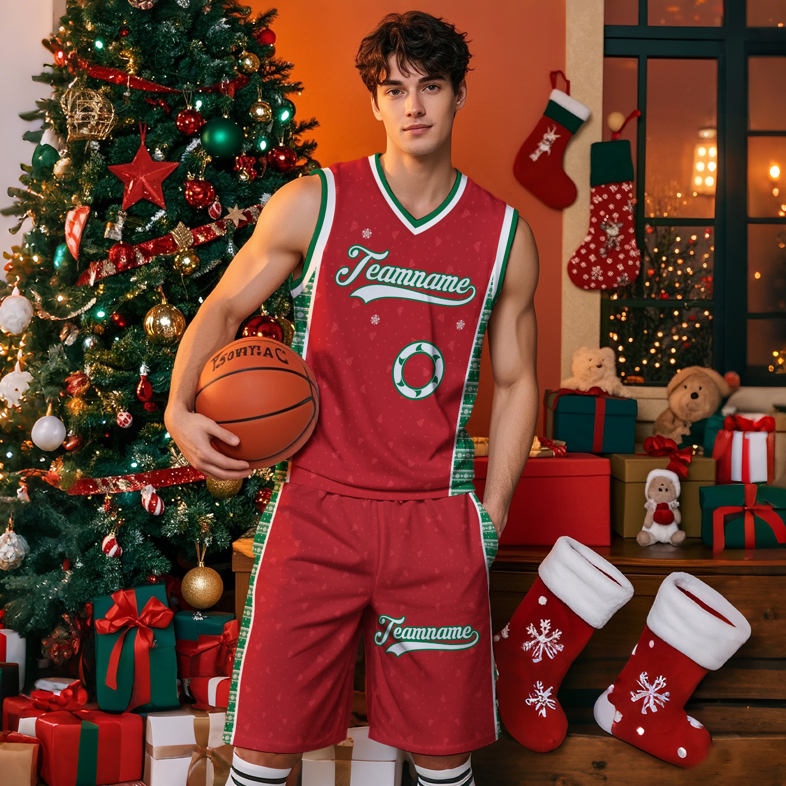 Custom Christmas Basketball Jersey Set Personalize Team Name Gift For Basketball Lover Player-Red