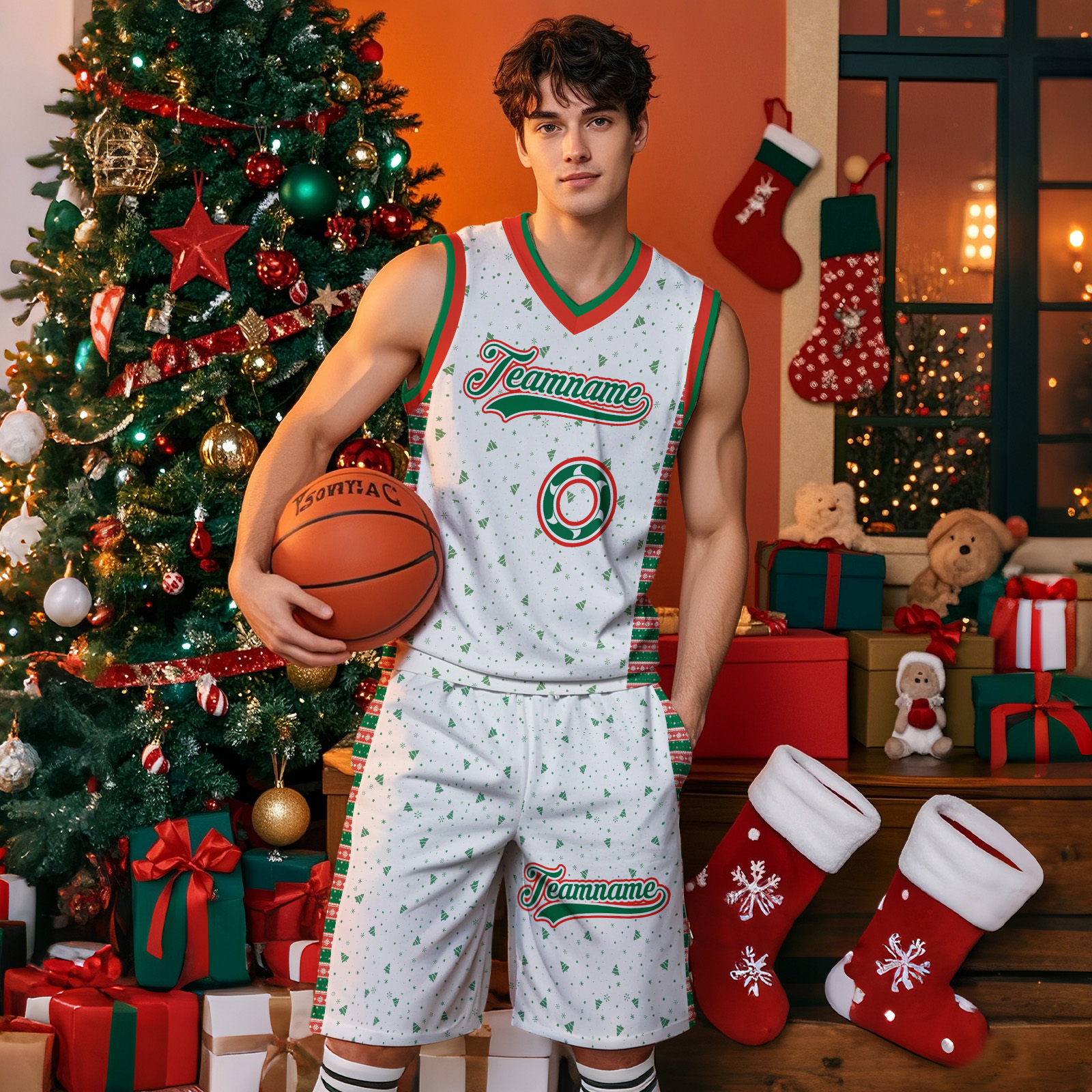 Custom Christmas Basketball Jersey Set Personalize Team Name Gift For Basketball Lover Player-Red