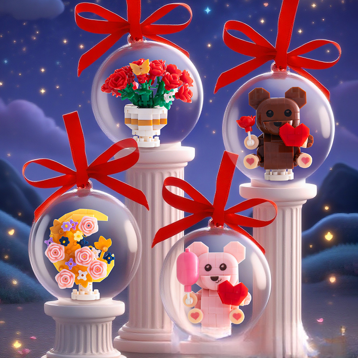 Compatible with Microblocks - Cute Rose Bear Bouquet in Surprise Ball Building Blocks Toy for Valentine's Day Gift