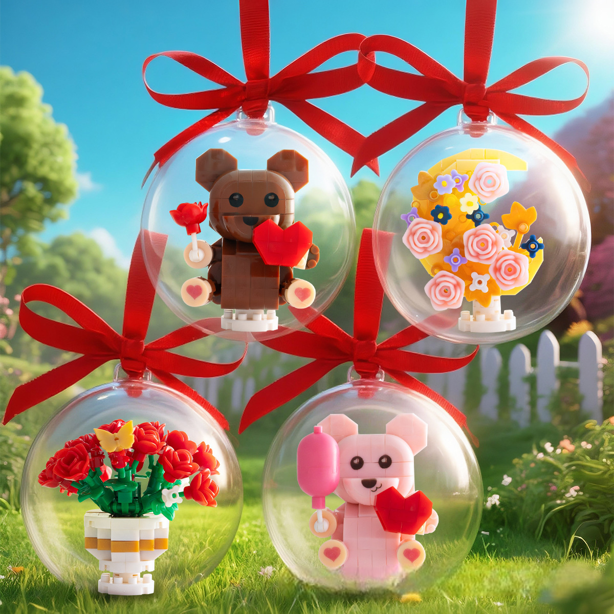 Compatible with Microblocks - Cute Rose Bear Bouquet in Surprise Ball Building Blocks Toy for Valentine's Day Gift