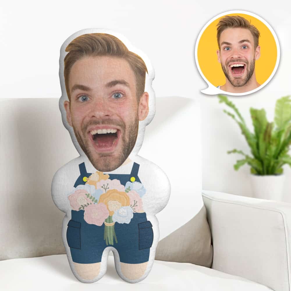 Valentine's Day Gift Custom Face Pillow, Cartoon Man Holding Flowers Face Doll, the Best Gift for Lover - MyFaceTshirt