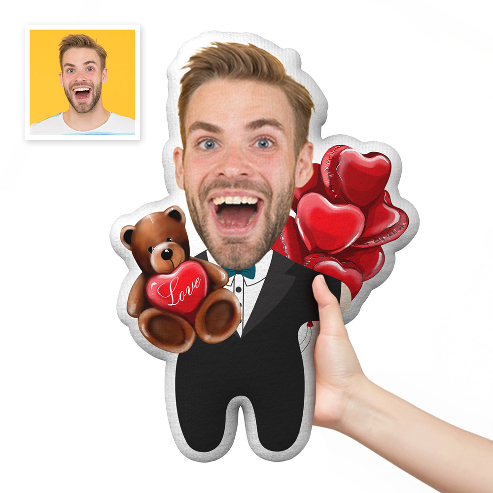 Valentine's Day Gift Custom Face Pillow, Cartoon Male in Suit Hold Bear Face Doll, the Best Gift for Lover - MyFaceTshirt