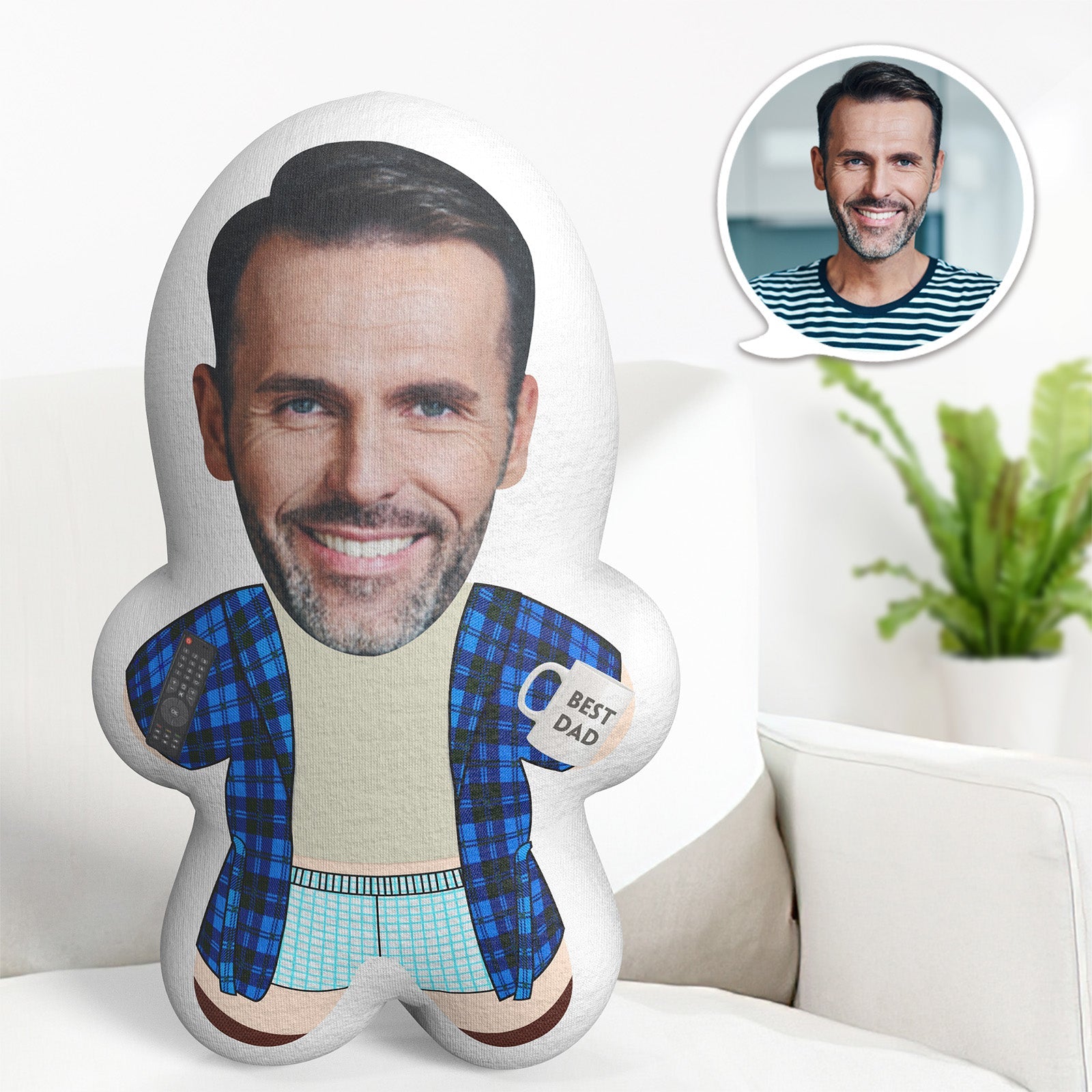 Custom Minime Pillows Face Pillow Blue Plaid Shirt Best Dad Pillow - MyFaceTshirt