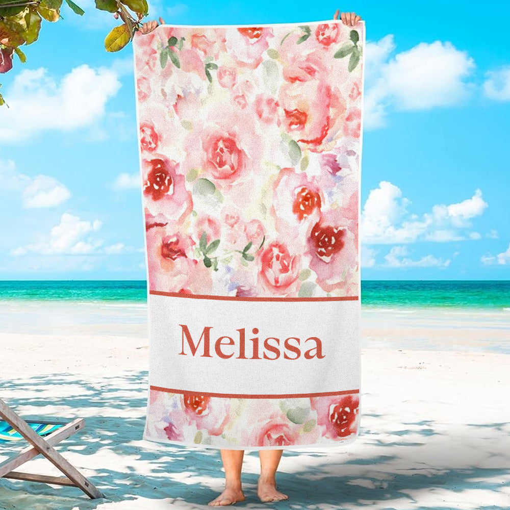 Personalized Watercolor Flower Beach Towel with Name Beach Accessories Gift for Her - MyFaceTshirt