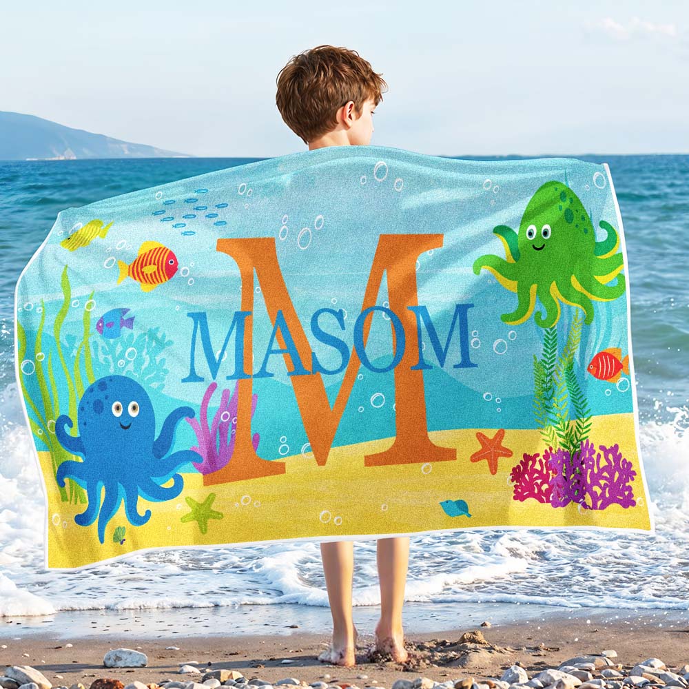 Personalized Lovely Kid Beach Towel for Summer Underwater World Beach Towel