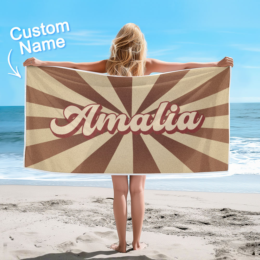 Custom Beach Towel with Name Burst Style Stripe Pattern Outside Vacation Gift