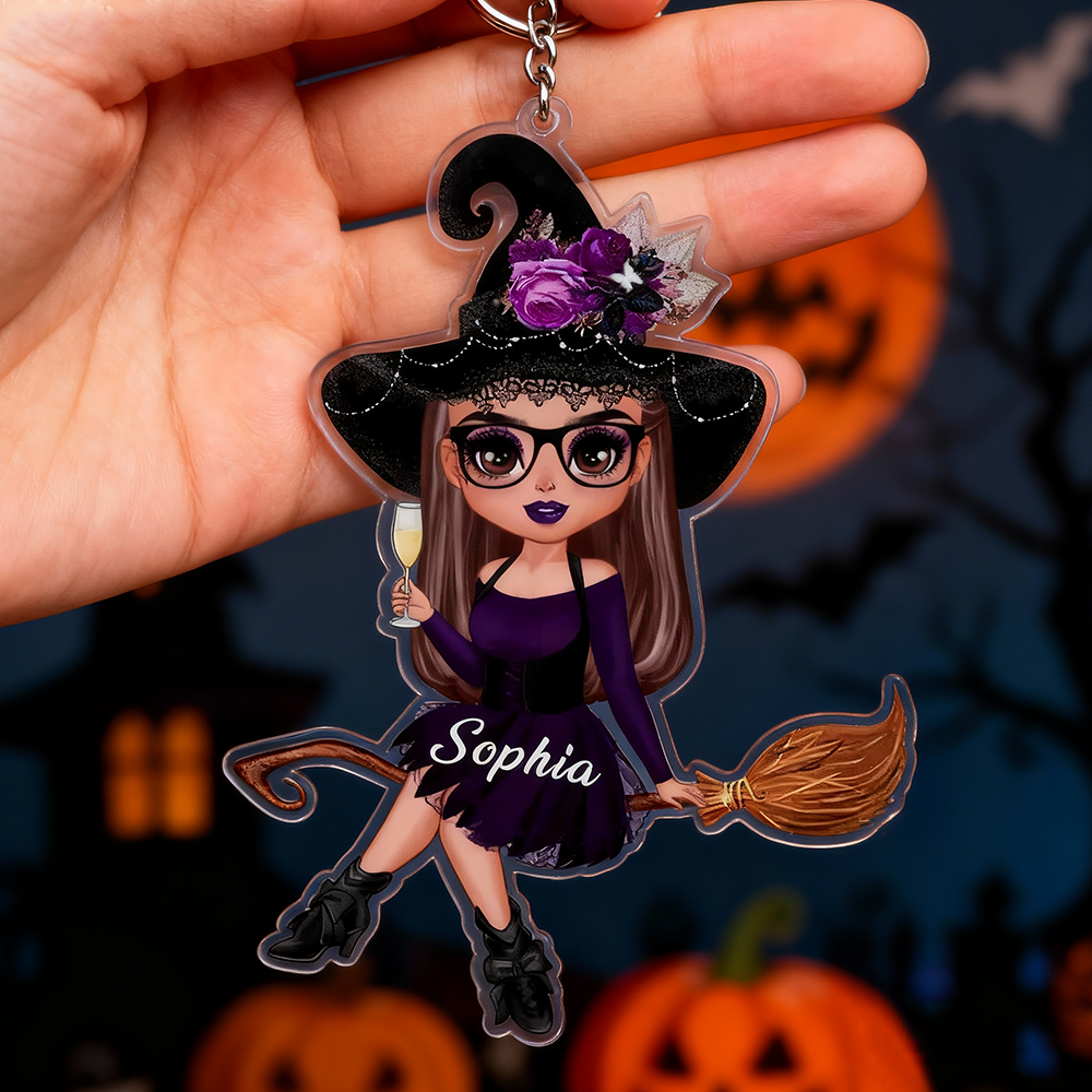Witch Riding Broom Mystical Girl-Personalized Acrylic Keychain-Best Personalized Halloween Gift