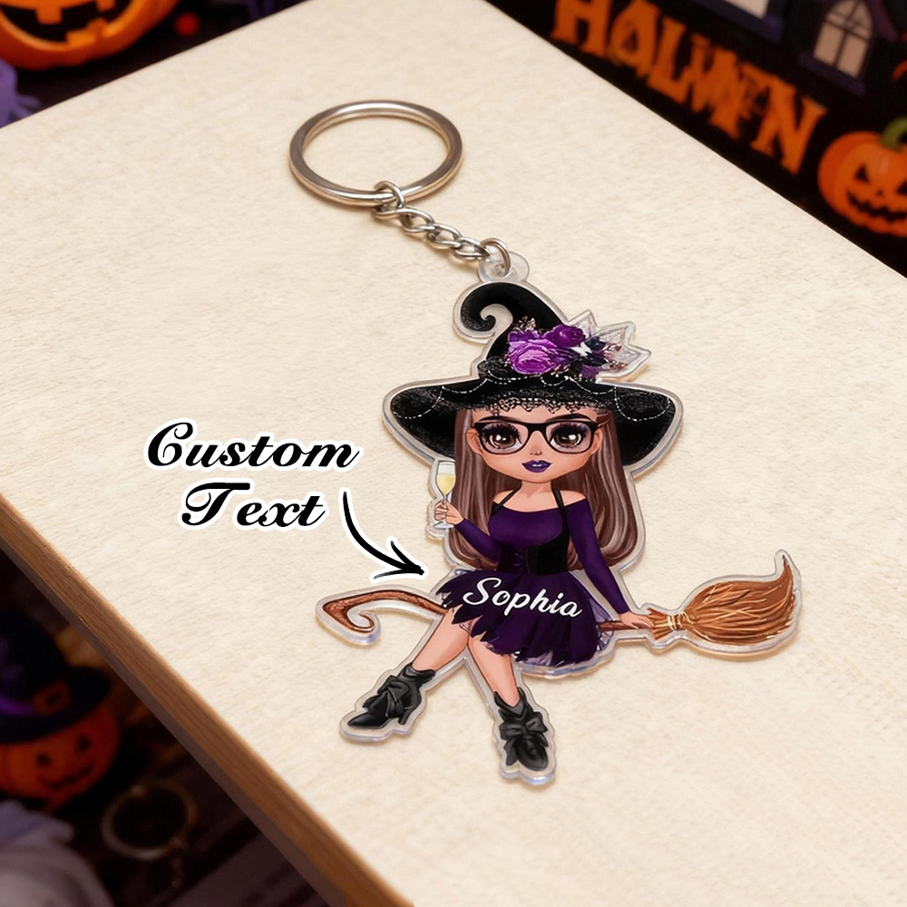 Witch Riding Broom Mystical Girl-Personalized Acrylic Keychain-Best Personalized Halloween Gift