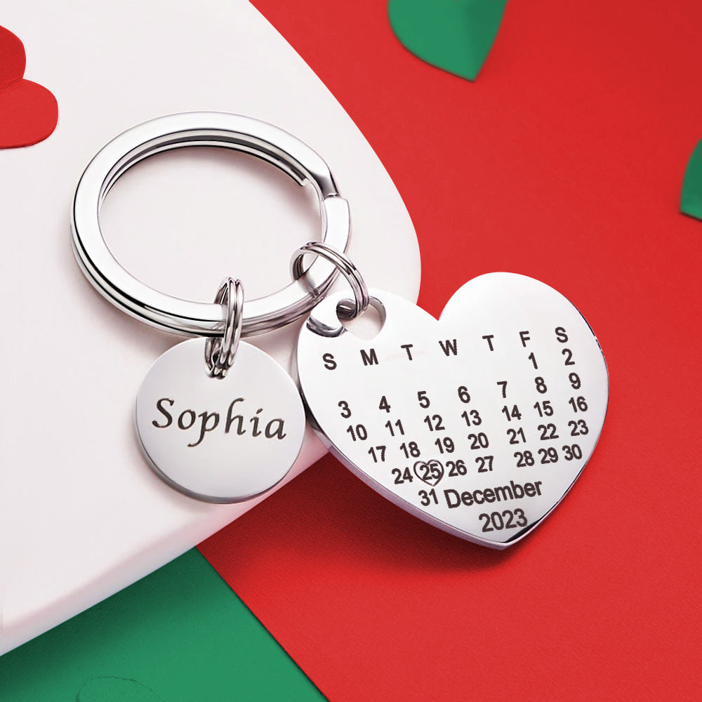 Custom Engraved Heart Calendar Keychain Save The Date Keychain Christmas Gift - MyFaceTshirt